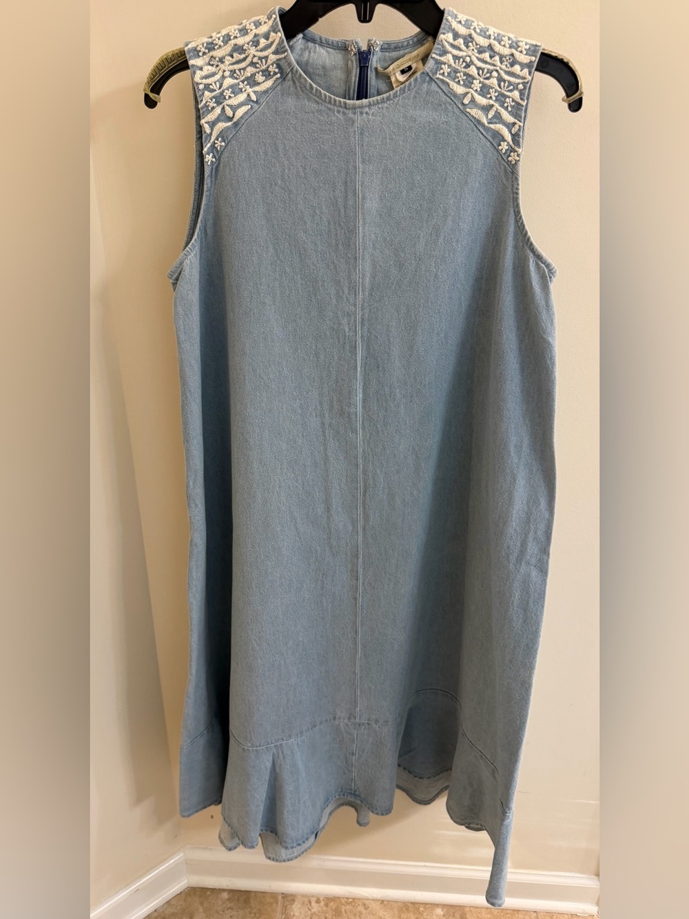 Ne Quittez Pas Sleeveless Light Blue Denim Shift Dress with Embroidered Shoulder